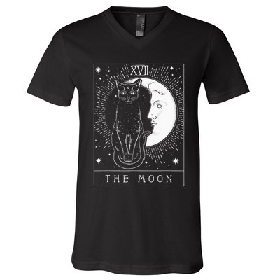 Tarot Card Crescent Moon And Cat Graphic V-Neck T-Shirt
