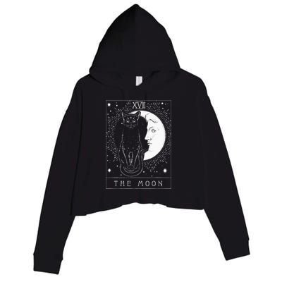 Tarot Card Crescent Moon And Cat Graphic Crop Fleece Hoodie