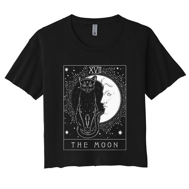 Tarot Card Crescent Moon And Cat Graphic Crop Top