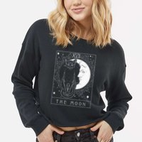 Tarot Card Crescent Moon And Cat Graphic Cropped Pullover Crew