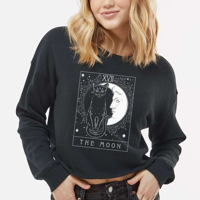 Tarot Card Crescent Moon And Cat Graphic Cropped Pullover Crew