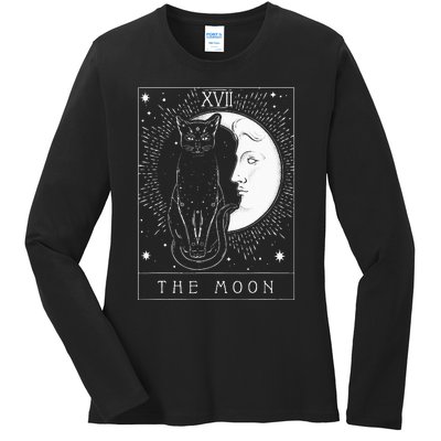 Tarot Card Crescent Moon And Cat Graphic Ladies Long Sleeve Shirt