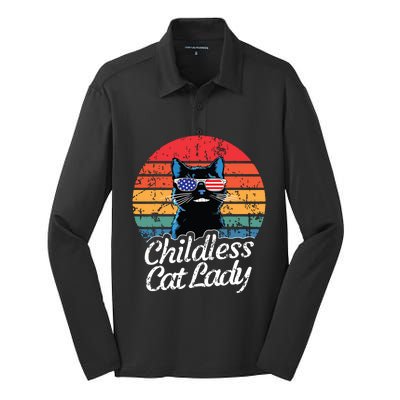 This Childless Cat Lady Is Voting Kamalaharris 2024 Retro Silk Touch Performance Long Sleeve Polo