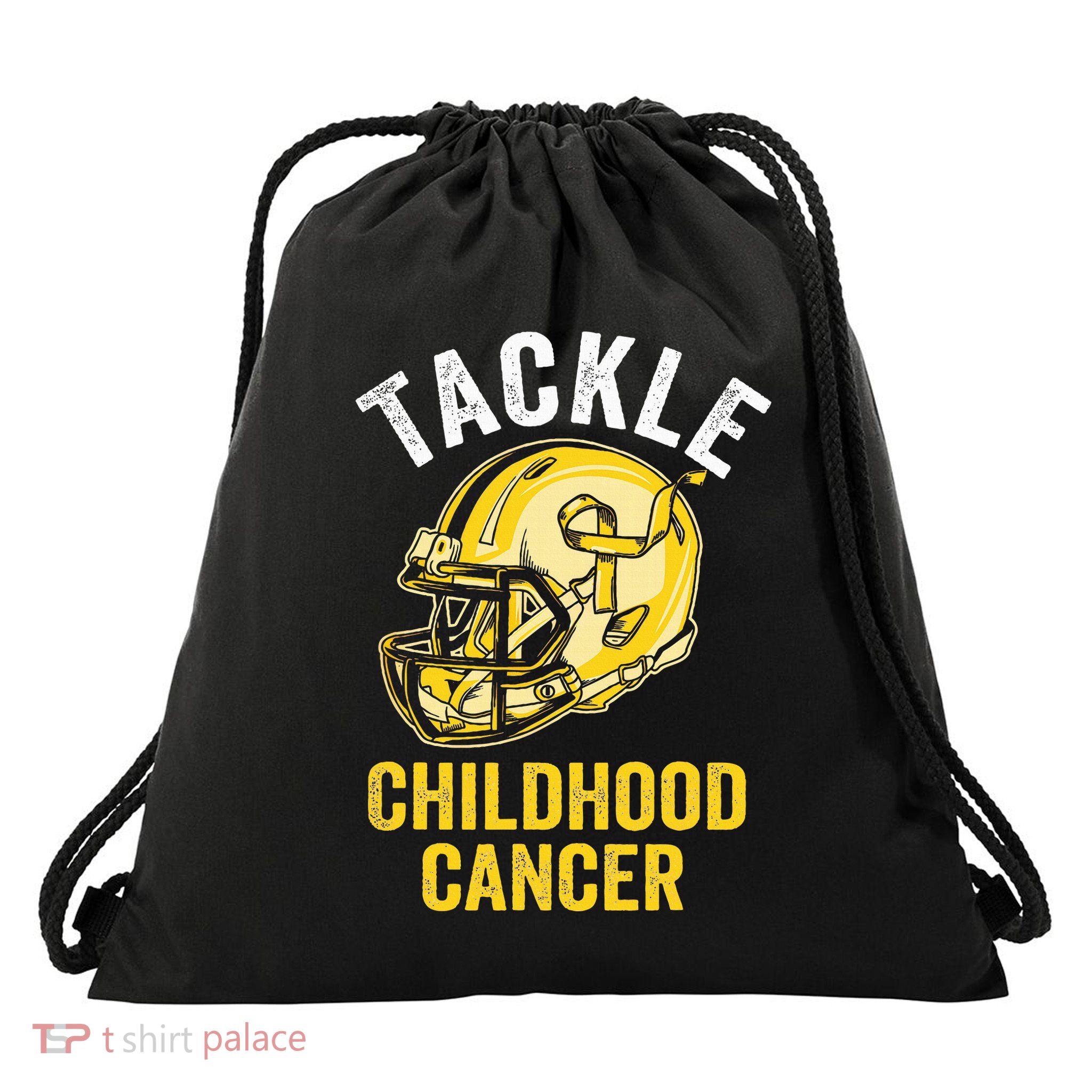 Tackle Childhood Cancer Awareness Football Gold Ribbon Drawstring Bag