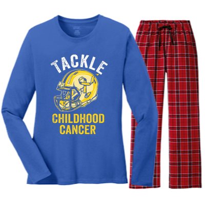 Tackle Childhood Cancer Awareness Football Gold Ribbon Women's Long Sleeve Flannel Pajama Set 