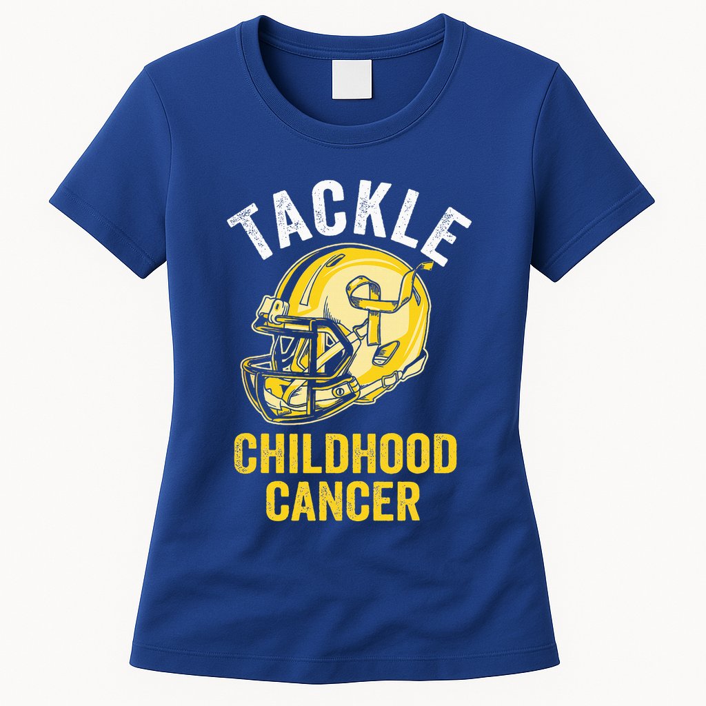 Tackle Childhood Cancer Awareness Football Gold Ribbon Womens T-Shirt
