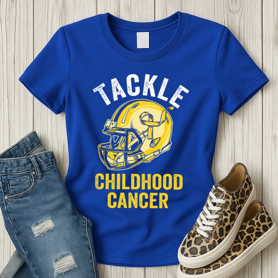 Tackle Childhood Cancer Awareness Football Gold Ribbon Womens T-Shirt