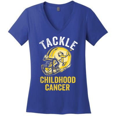 Tackle Childhood Cancer Awareness Football Gold Ribbon Women's V-Neck T-Shirt