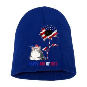 Tu Cute Cat Sunflower America Flag 4th Of July Cute Gift Short Acrylic Beanie