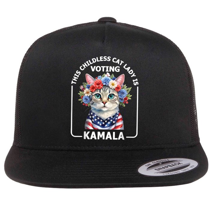 This Childless Cat Lady Ladies Is Voting Kamala Election 24 Flat Bill Trucker Hat