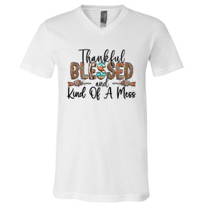 Trendy Christian Cool Gift Thankful Blessed And Kind Of A Mess Gift V-Neck T-Shirt