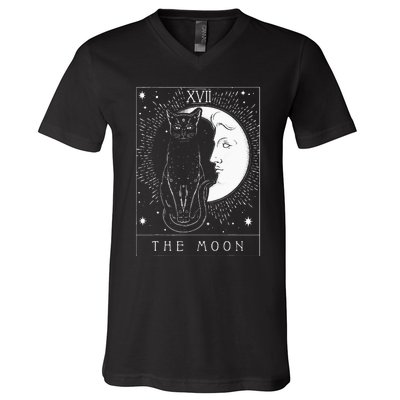 Tarot Card Crescent Moon And Cat Graphic V-Neck T-Shirt