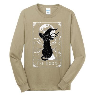 Tarot Card Crescent Moon And Black Cat Witch Hat Halloween Tall Long Sleeve T-Shirt