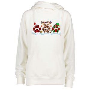 Three Christmas Colorful Santa Reindeer Elf Dog Paws Lover Great Gift Womens Funnel Neck Pullover Hood