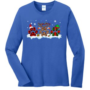 Three Christmas Colorful Santa Reindeer Elf Dog Paws Lover Great Gift Ladies Long Sleeve Shirt