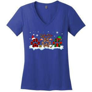 Three Christmas Colorful Santa Reindeer Elf Dog Paws Lover Great Gift Women's V-Neck T-Shirt