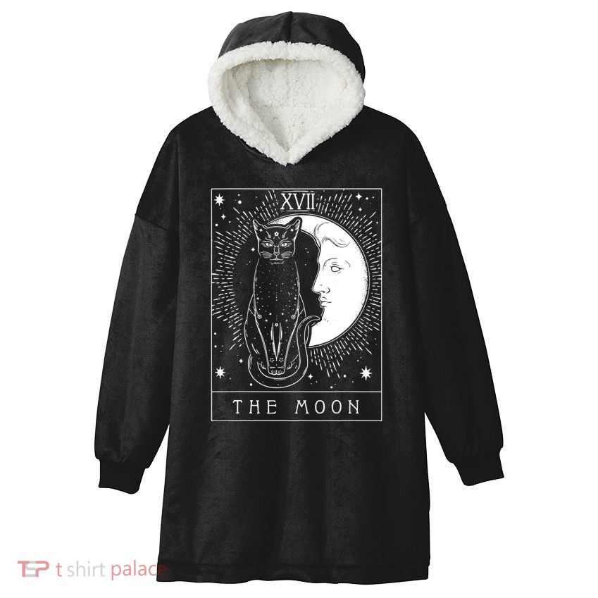 Tarot Card Crescent Moon And Cat Graphic Hooded Wearable Blanket