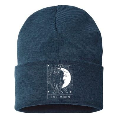 Tarot Card Crescent Moon And Cat Graphic Sustainable Knit Beanie