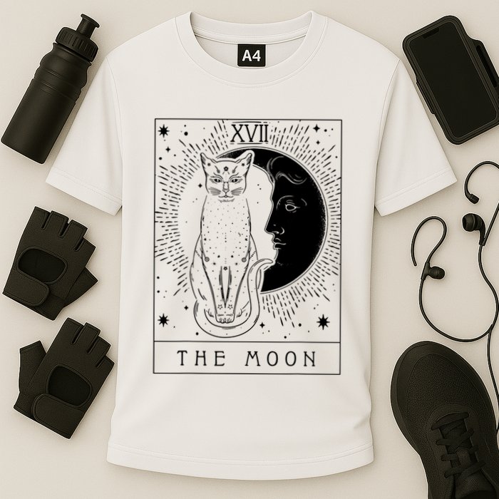 Tarot Card Crescent Moon And Cat Graphic Performance Shirt