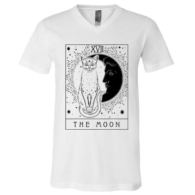 Tarot Card Crescent Moon And Cat Graphic V-Neck T-Shirt