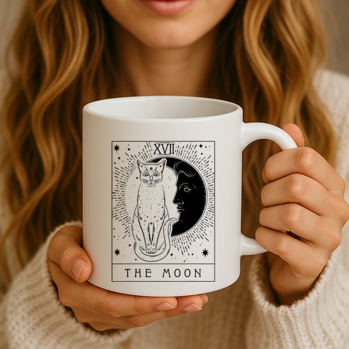 Tarot Card Crescent Moon And Cat Graphic Mug