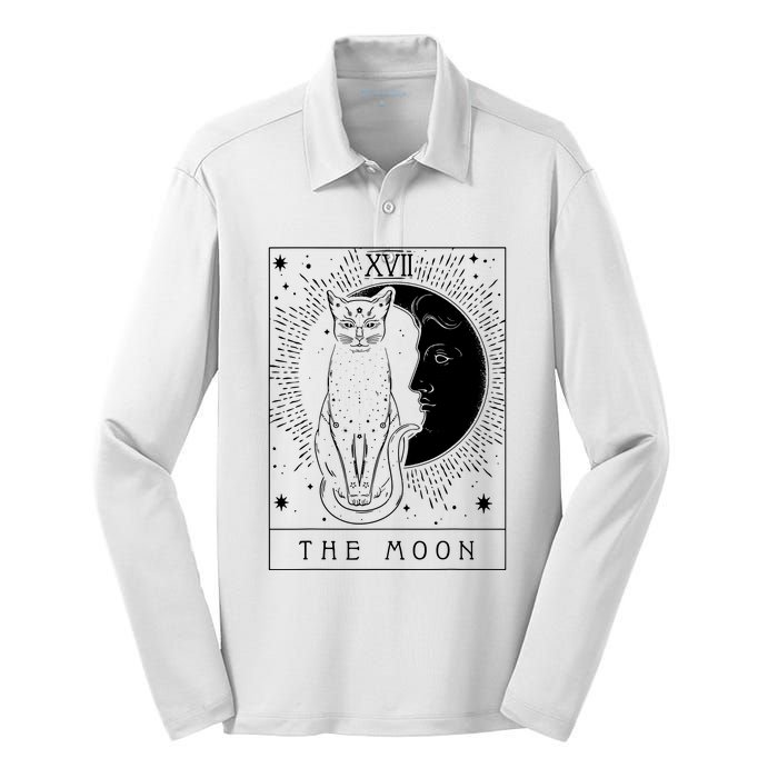 Tarot Card Crescent Moon And Cat Graphic Silk Touch Performance Long Sleeve Polo