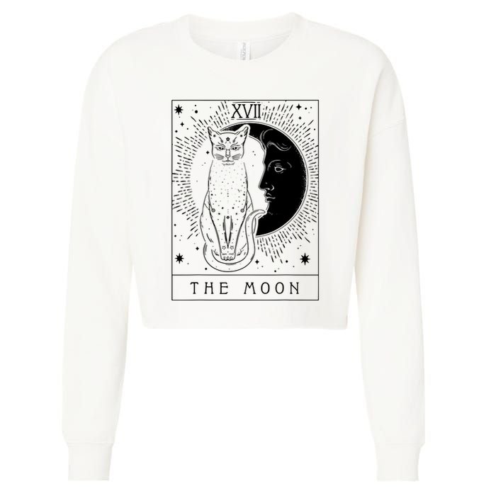 Tarot Card Crescent Moon And Cat Graphic Cropped Pullover Crew