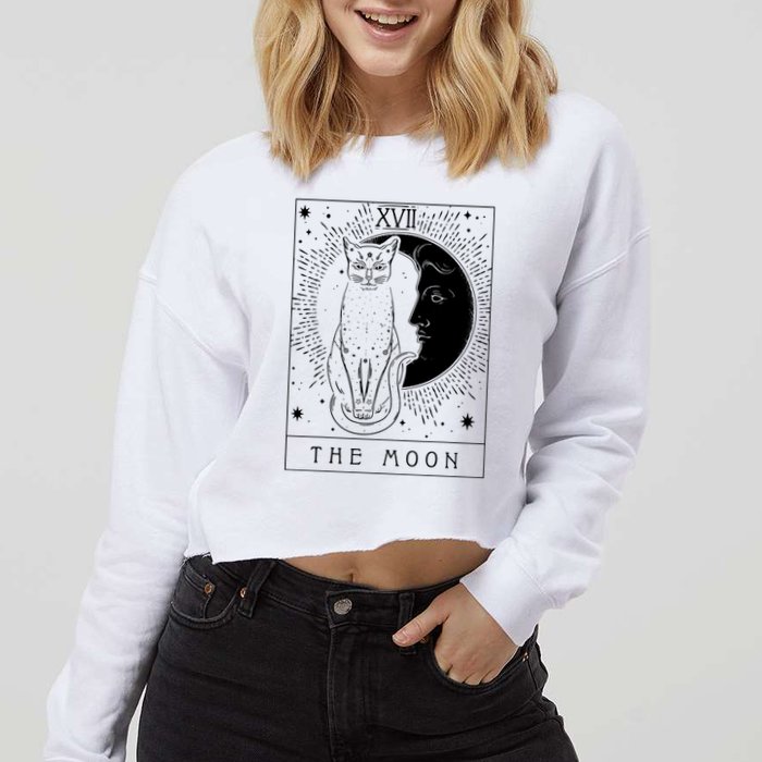 Tarot Card Crescent Moon And Cat Graphic Cropped Pullover Crew