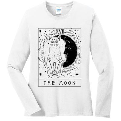 Tarot Card Crescent Moon And Cat Graphic Ladies Long Sleeve Shirt
