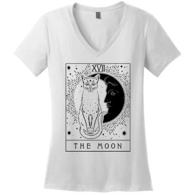 Tarot Card Crescent Moon And Cat Graphic Women's V-Neck T-Shirt