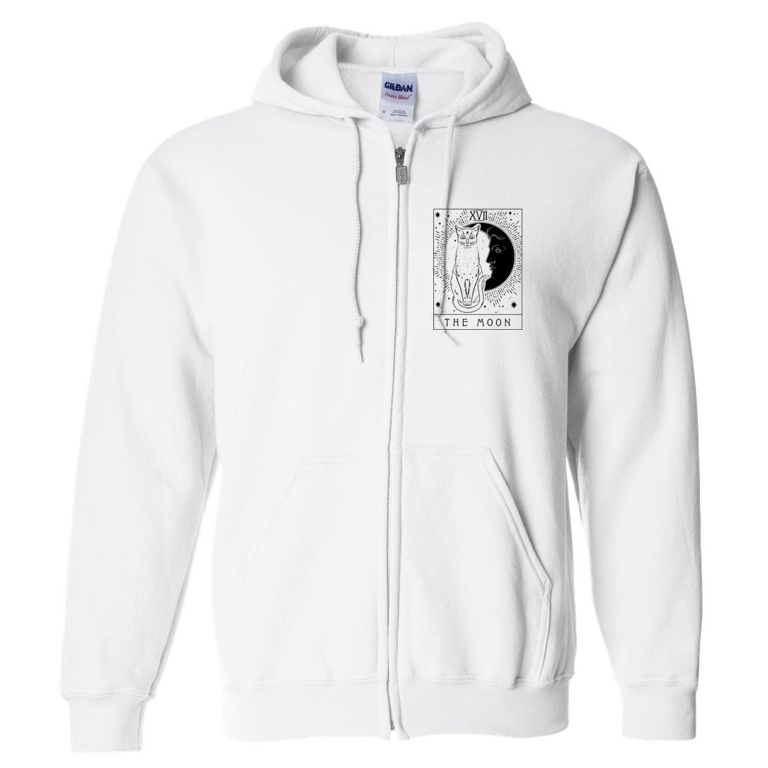 Tarot Card Crescent Moon And Cat Graphic Full Zip Hoodie