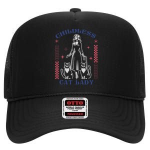 This Childless Cat Lady Ladies Is Voting Retro 2024 Usa Pro Kamala High Crown Mesh Back Trucker Hat