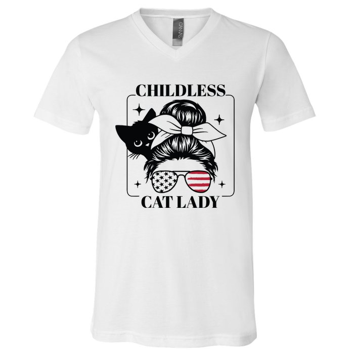 This Childless Cat Lady Ladies Is Voting Messy Bun 2024 V-Neck T-Shirt