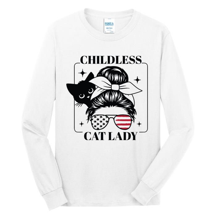 This Childless Cat Lady Ladies Is Voting Messy Bun 2024 Tall Long Sleeve T-Shirt