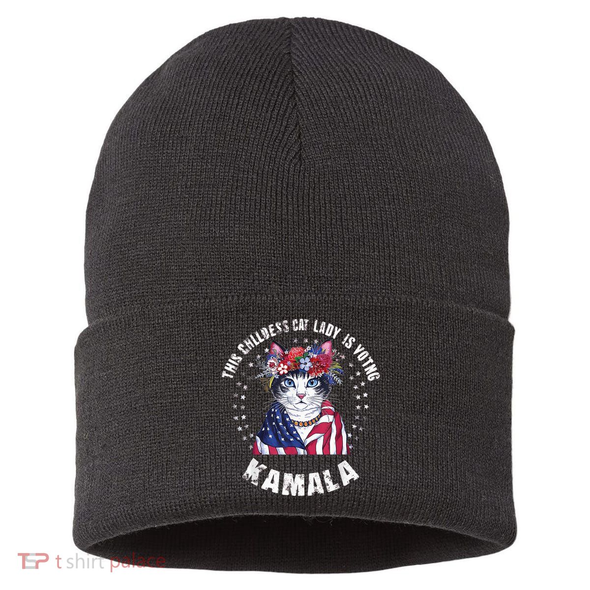This Childless Cat Lady Ladies Is Voting Kamala 2024 Voting Kamala Election 2024 Sustainable Knit Beanie