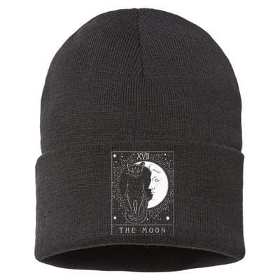 Tarot Card Crescent Moon And Cat Graphic Sustainable Knit Beanie