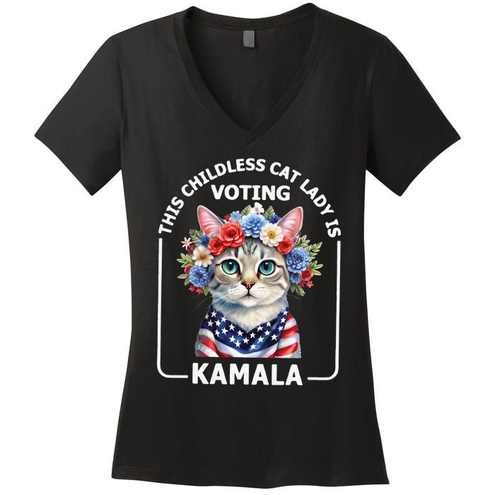 This Childless Cat Lady Ladies Is Voting Kamala Election 24 Women's V-Neck T-Shirt