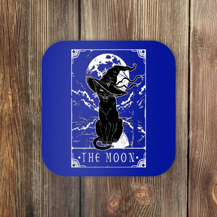 Tarot Card Crescent Moon And Black Cat Witch Hat Halloween Gift Coaster