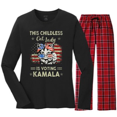 This Childless Cat Lady Is Voting Kamalaharris 2024 Gift Women's Long Sleeve Flannel Pajama Set 