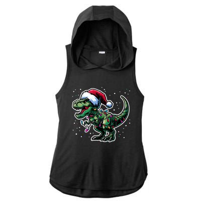 Trex Christmas Dinosaur Christmas Lights Gift Ladies PosiCharge Tri-Blend Wicking Draft Hoodie Tank