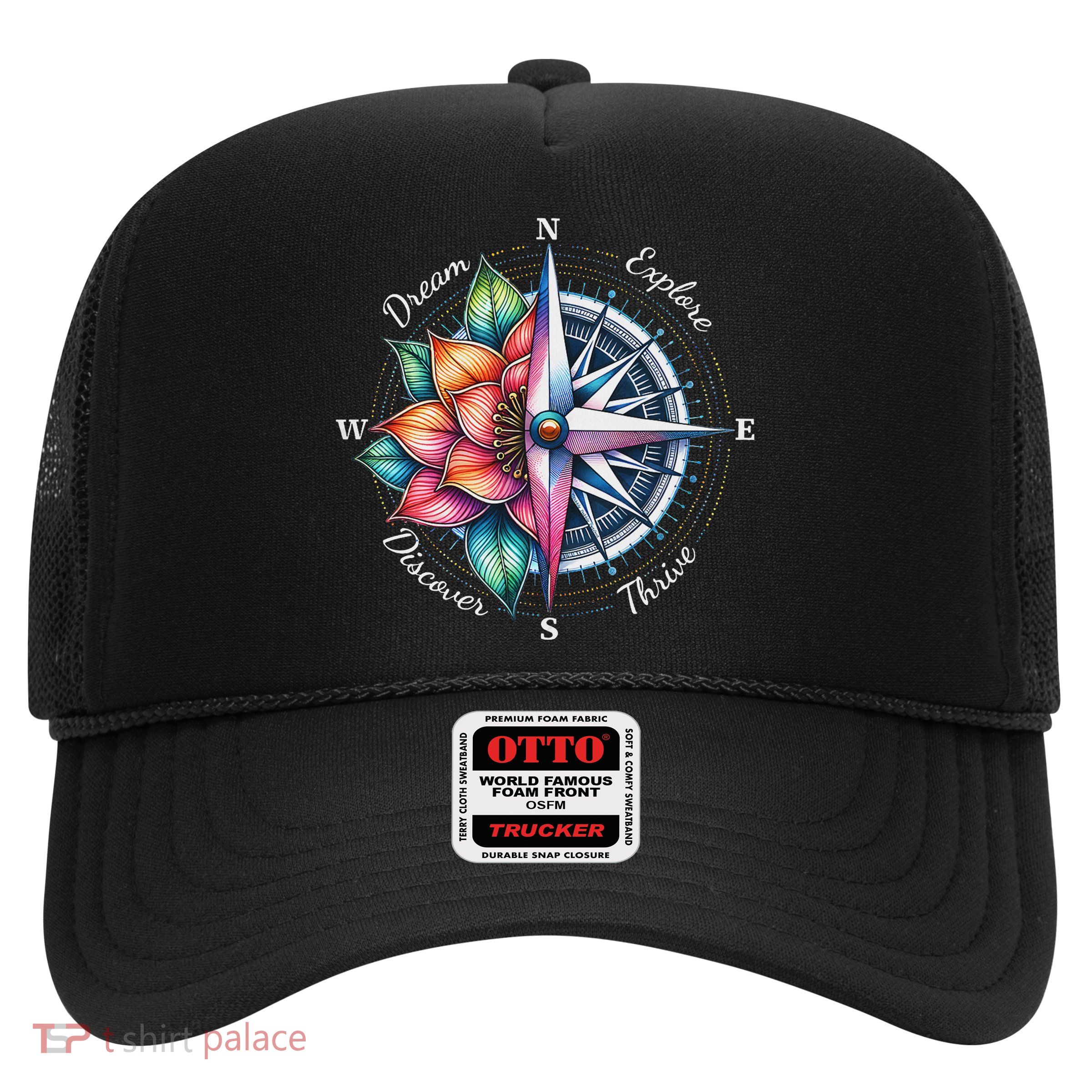 Traveler Compass Dream Explore Discover Thrive Adventure Trucker Hat