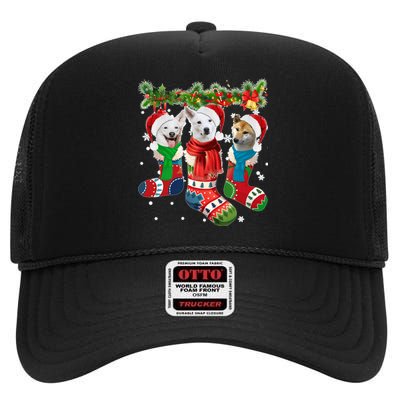 Three Canaan Dogs In Christmas Socks High Crown Mesh Back Trucker Hat