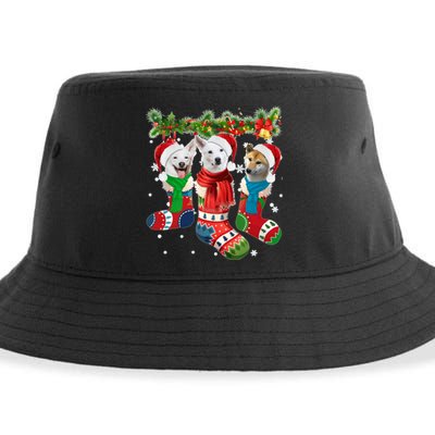 Three Canaan Dogs In Christmas Socks Sustainable Bucket Hat