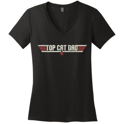 Top Cat Dad Funny Vintage 80's Gift Cat Father Father's Day Women's V-Neck T-Shirt