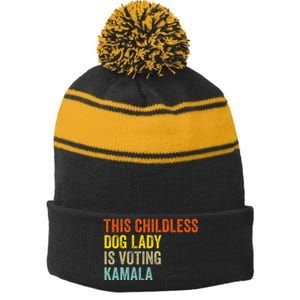 This Childless Dog Lady Is Voting Kamala Dog Lovers Funny Stripe Pom Pom Beanie