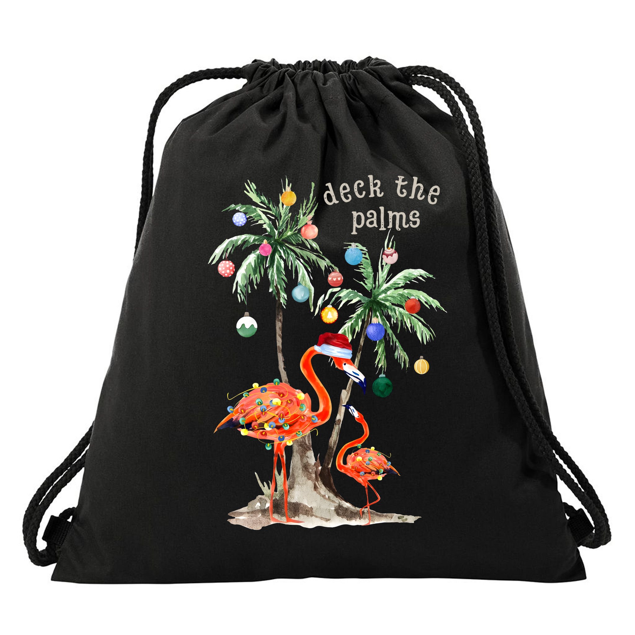 Tropical Christmas Deck The Palms Holiday Flamingo Drawstring Bag