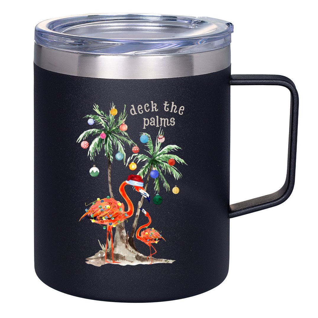 Tropical Christmas Deck The Palms Holiday Flamingo 12oz Stainless Steel Coffee Mug