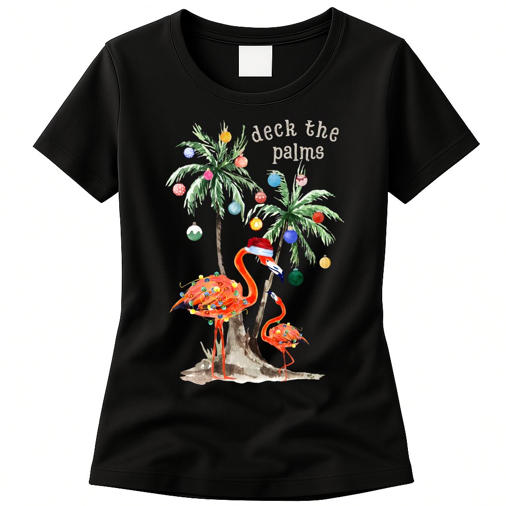 Tropical Christmas Deck The Palms Holiday Flamingo Womens T-Shirt