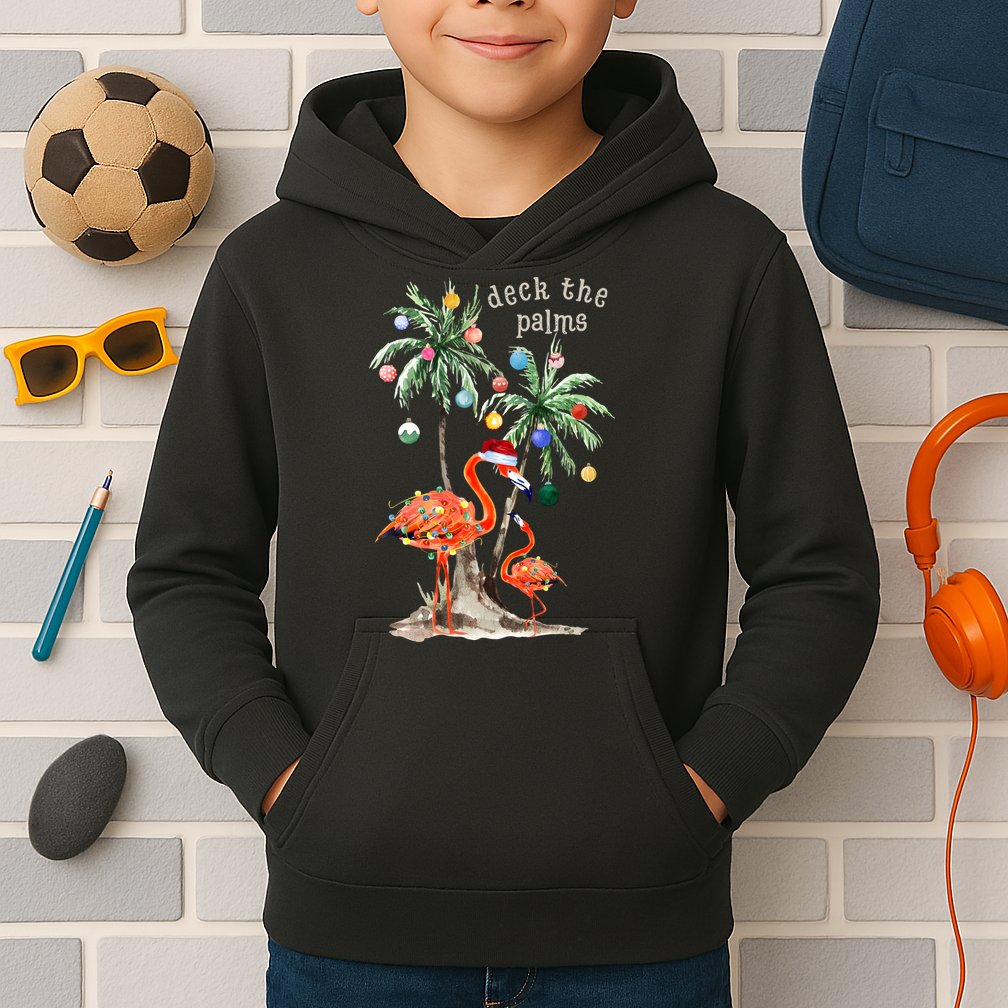 Tropical Christmas Deck The Palms Holiday Flamingo Kids Hoodie