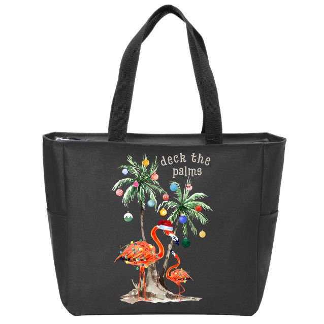 Tropical Christmas Deck The Palms Holiday Flamingo Zip Tote Bag